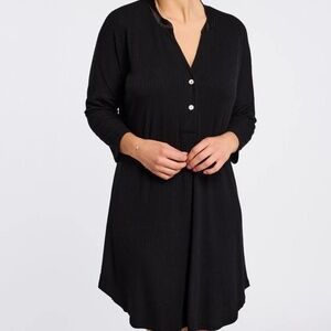 NEW fleur't Dolman 3/4 Sleeve Soft Satin Collar Button Nightshirt Gown 6004 Blck